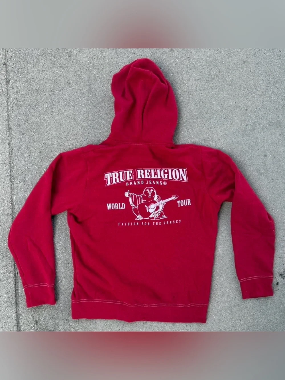 True Religion Red Hooded Zip-Up Sweatshirt with White Drawstrings
